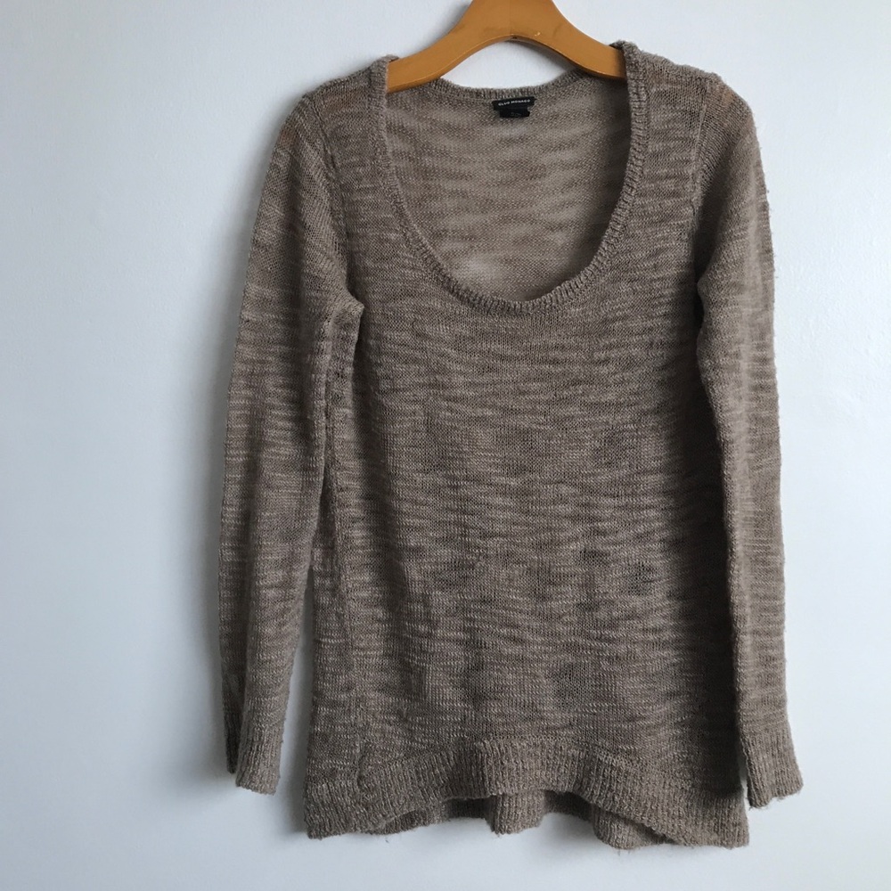 CLUB MONACO SWEATER MUSHROOM WOOL LONG SLEEVE SEMI SHEER SCOOP NECK S